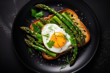 Avocado asparagus and fried egg on black plate viewed from above on dark background ample space for text