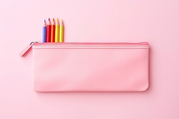 Back to school concept captured in a top view featuring a pink pencil case with assorted writing utensils isolated on a pastel pink background banner - obrazy, fototapety, plakaty