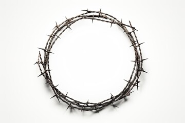 Barbed wire circle alone on white backdrop - obrazy, fototapety, plakaty