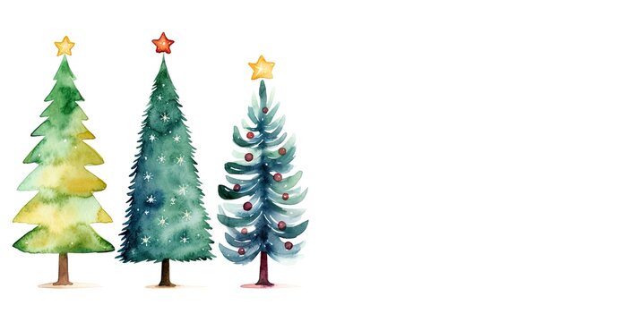 Christmas trees in different green hues for minimalistic, artistic seasonal greetings. Cute watercolor-style xmas trees on white background. Card, banner, social media.