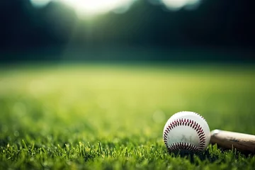 Fotobehang Baseball equipment on green field Sport background with space for text and ads © The Big L
