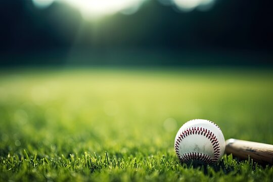 Baseball equipment on green field Sport background with space for text and ads