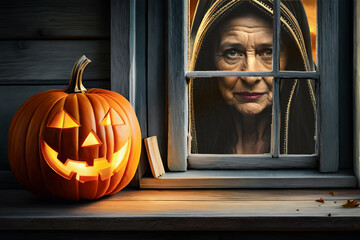 Halloween, zucca di Halloween in primo piano. Con atmosfera da film dell'orrore, di notte al tramomto. Alla finestra si affaccia una anziana donna, una strega. - obrazy, fototapety, plakaty