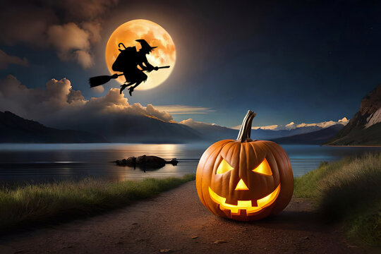 Halloween, zucca di Halloween in primo piano. Con atmosfera da film dell'orrore, di notte al tramomto. Sullo sfondo di fronte alla luna si staglia una strega, la Befana.