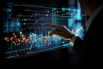 Fototapeta premium businessman's hand touches a digital financial graph, revealing dynamic data insights