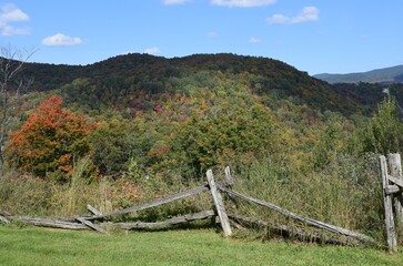 view from from a meadow towards the Laurentian mountains, Autumn scene