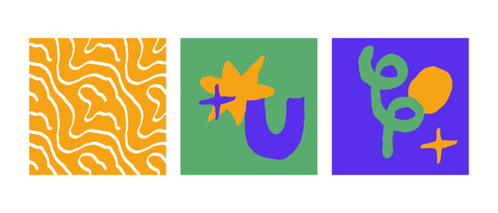 Naive groovy abstract shapes set. Brutal contemporary figure circle oval wave patterns.  Swiss design aesthetic. Geometric posters in trendy retro brutalist style