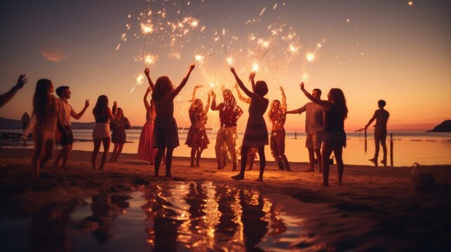 Group of young friends having a beach party. Friends dancing and celebrating with sparklers in twilight sunset- generative AI, fiction Person - Powered by Adobe
