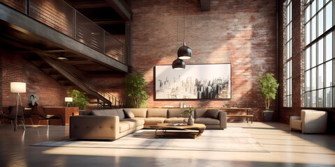 airy and modern loft lobby with exposed brick walls, industrial lighting, and contemporary artwork.