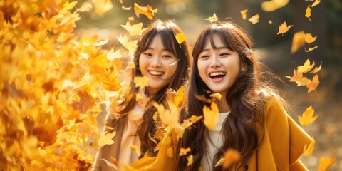 Happy Young Asia women Playing in the Fall Leaves with Space for Copyspace for text ,Generative AI.