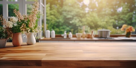 Empty massive wooden kitchen table for product placement with blurred kitchen and home garden background, frontal view.
