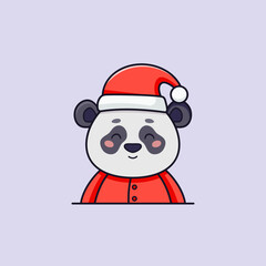Christmas vector flat illustration in cartoon style with cute panda dressed in Santa Claus costume