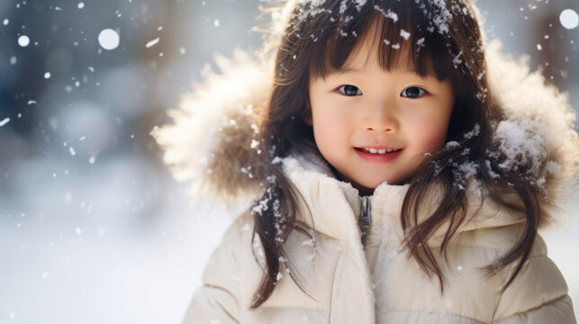 Portrait of an Asian toddler girl enjoying the winter snow during the Christmas season