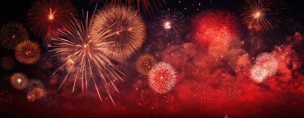 new years eve fireworks photo,jpg free download, in the style of dark beige and red, energetic compositions, light crimson and light black, colorful explosions, photo taken with provia,- generative AI - obrazy, fototapety, plakaty