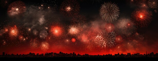 new years eve fireworks photo,jpg free download, in the style of dark beige and red, energetic compositions, light crimson and light black, colorful explosions, photo taken with provia,- generative AI