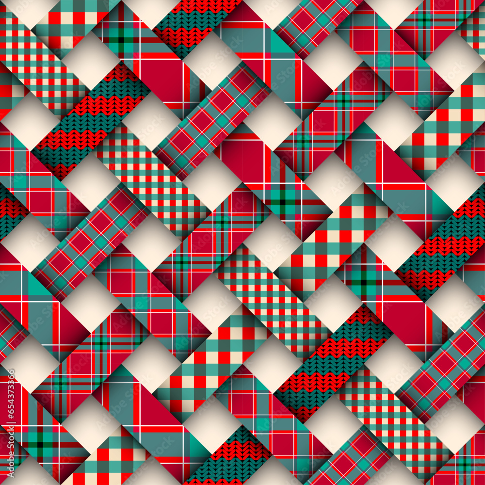 Poster Patchwork textile pattern. Seamless quilting design background. Merry Christmas cozy pattern.