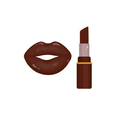 brown lipstick and large female lips painted brown. illustrations of cosmetics