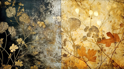 A diptych of abstract autumn background in vintage style. Chemigram and photogram image created using Generative AI technology.