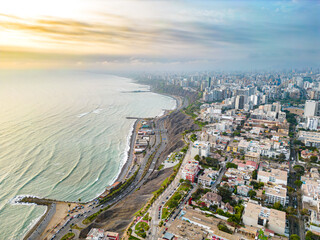 Aerial view of the Pacific Ocean next to the Barranco neighborhood in Lima, Peru in 2023.