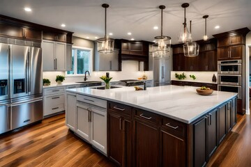 A modern kitchen renovation with a central island, hardwood floors, and quartz countertops