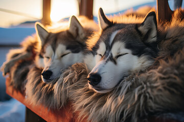 serene photo of sled dogs taking a well-deserved rest during a race, showcasing their resilience and camaraderie