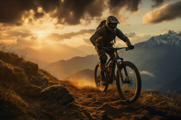 stunning photo of a mountain biker riding into the golden hues of a mountain sunset, creating a beautiful silhouette