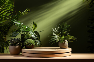 Products display podium with nature leaves background. Generative AI