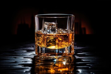 A glass of whiskey with ice on a wooden background. A glass of Scotch whiskey with ice in a rustic style. Whiskey on the rocks. - obrazy, fototapety, plakaty