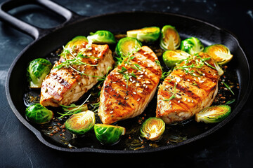 Greek lemon chicken and brussels sprouts with parsley with black background
