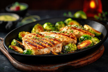 Greek lemon chicken and brussels sprouts with parsley with black background - obrazy, fototapety, plakaty