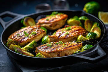 Greek lemon chicken and brussels sprouts with parsley with black background - obrazy, fototapety, plakaty