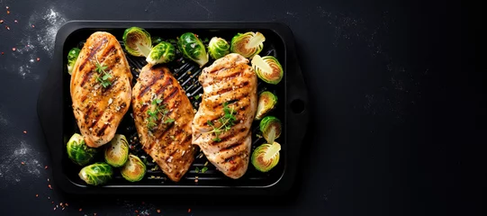 Gordijnen Greek lemon chicken and brussels sprouts with parsley with black background top view, copy space © Irina