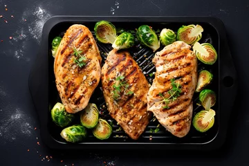 Tafelkleed Greek lemon chicken and brussels sprouts with parsley with black background top view, copy space © Irina