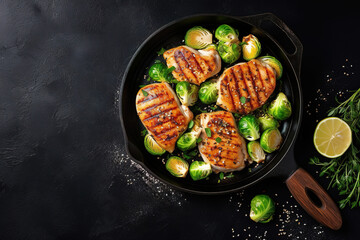 Greek lemon chicken and brussels sprouts with parsley with black background top view, copy space