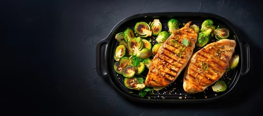 Foto op Aluminium Greek lemon chicken and brussels sprouts with parsley with black background top view, copy space © Irina