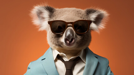 Koala wearing glasses and suit for office style or business against an orange background