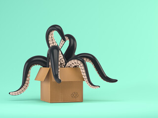Black tentacles in a cardboard box on blue background.