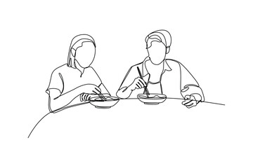 Fototapeta na wymiar Couple enjoying together. Happy people gathering, Family eating, hangouts with food and drinks. Flat graphic vector illustrations isolated on white background