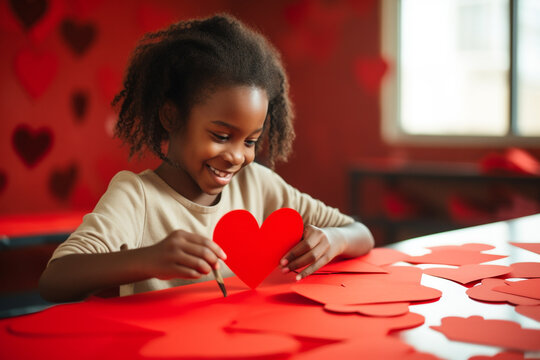 Young girl having fun making valentines. 