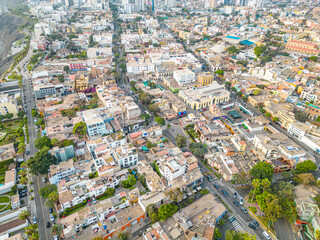 Aerial view of La Santisima Cruz Parish next to the Barranco neighborhood in Lima, Peru in 2023. Next to the Spanish Ambassador's Residence and Saint Francis of Assisi Parish.