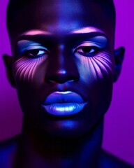 A bold and beautiful portrait of a queer gay lgbt man with neon-colored makeup featuring vivid shades of blue, pink, purple, and violet, surrounded by a mysterious haze of smoke, vibrant modern art	
