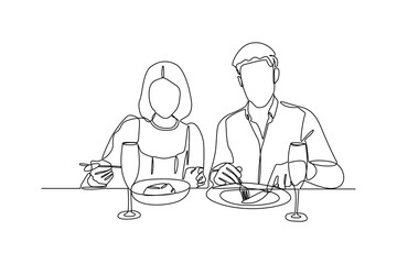 Couple eating together. Happy people gathering, Family eating, hangouts with food and drinks. Flat graphic vector illustrations isolated on white background