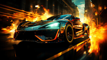 Cyberpunk Fire Racing car at high speed on street