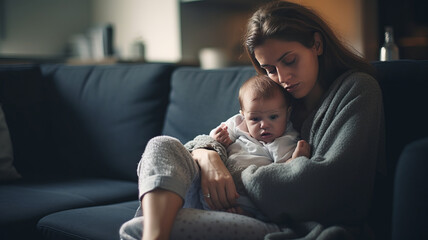 A young mother is sitting on a couch, holding her crying baby. face is etched with worry. - obrazy, fototapety, plakaty