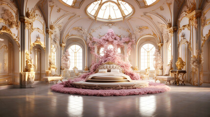 Fototapeta na wymiar Bedroom interior decorated in fancy posh neoclassicism style with white, beige, golden and pink tones 