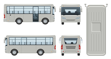 Small bus vector template with simple colors without gradients and effects. View from side, front, back, and top