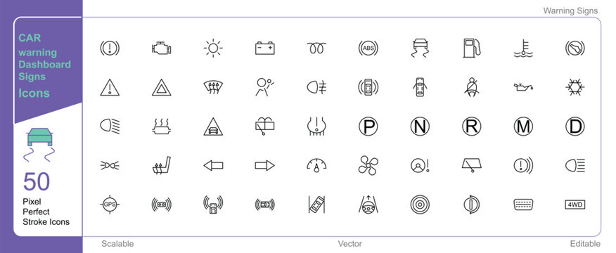 Car Dashboard warning signs and symbols icon | 50 set single stroke vector collection expandable and color changeable pixel perfect arrow sets