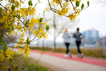 Fotobehang Blooming tree against couple running in park © Yury Kirillov