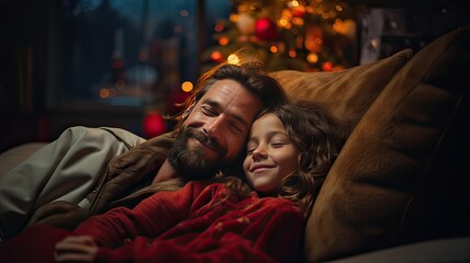 Happy latin father and daughter resting on sofa on christmas time. Generative AI.