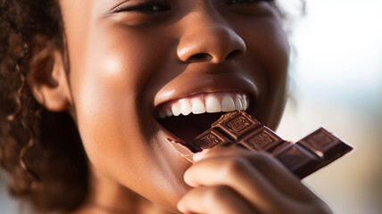 person taking a bite of a chocolate bar.